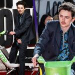 Timothée Chalamet Rides Bike Onto Red Carpet Premiere for Bob Dylan Biopic