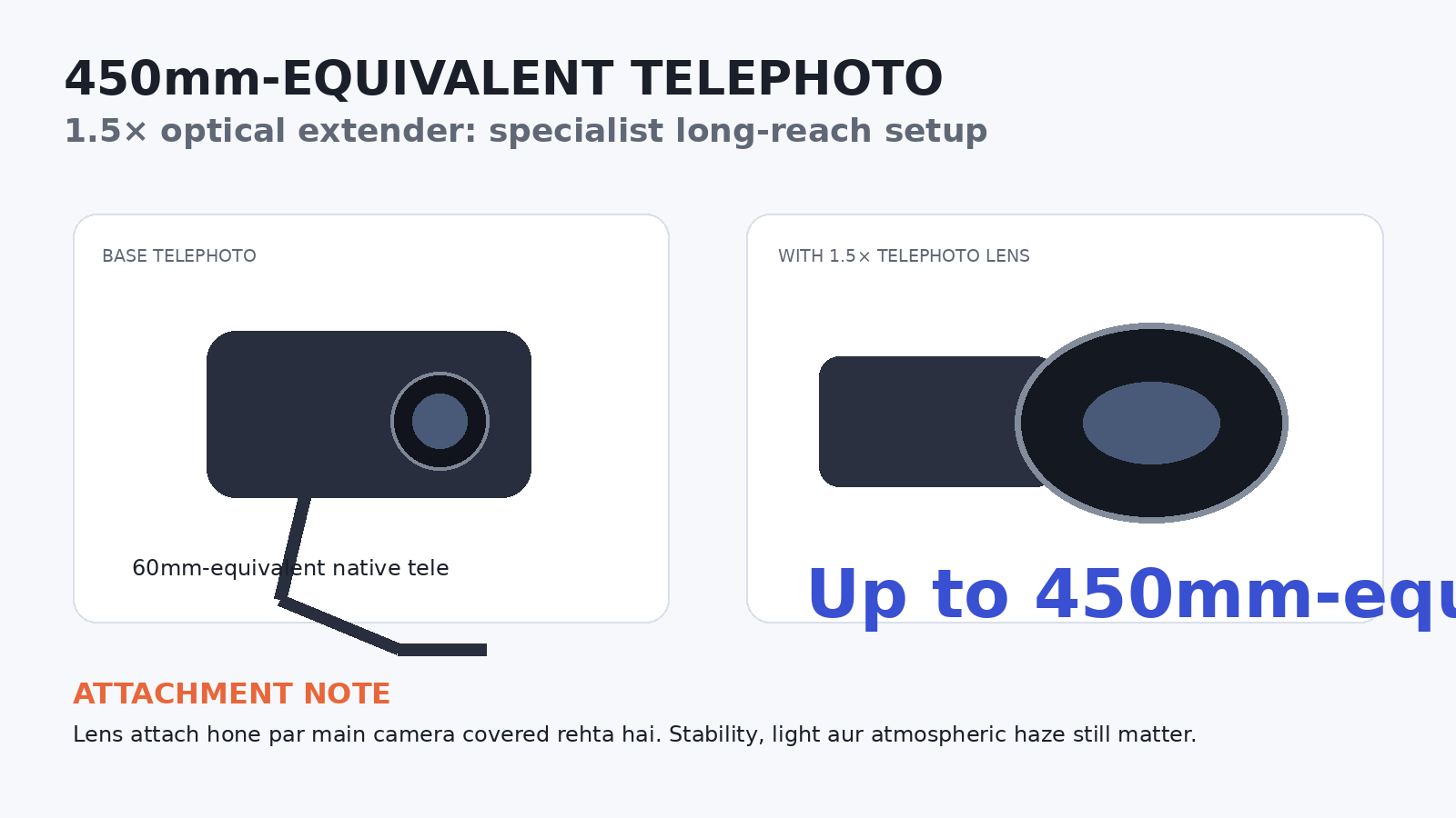 Conceptual 1.5x telephoto attachment graphic showing up to 450mm-equivalent reach