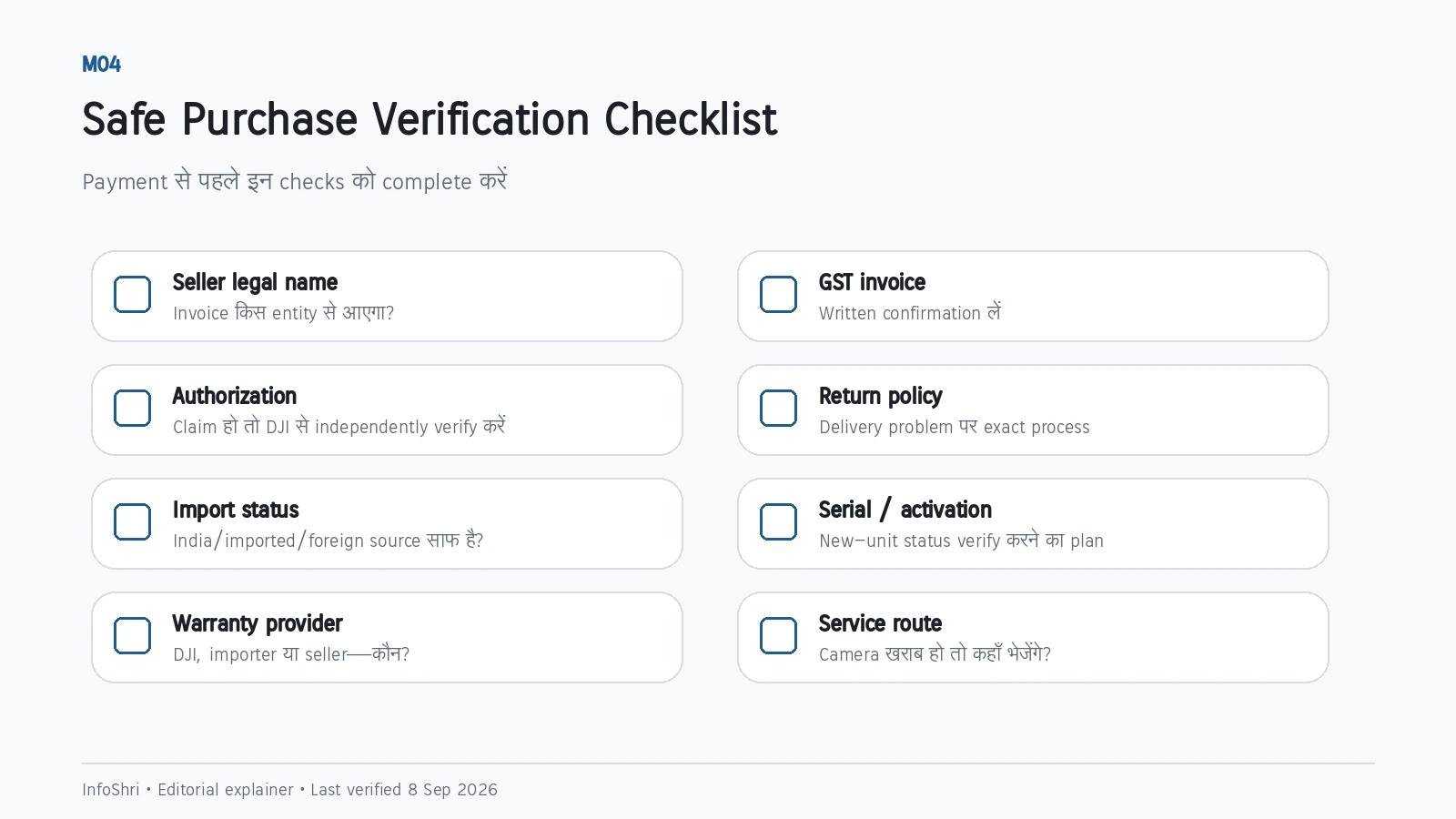 Pocket 3 safe-purchase checklist covering seller identity, authorization, import status, warranty provider, GST invoice, return policy, serial and service route.