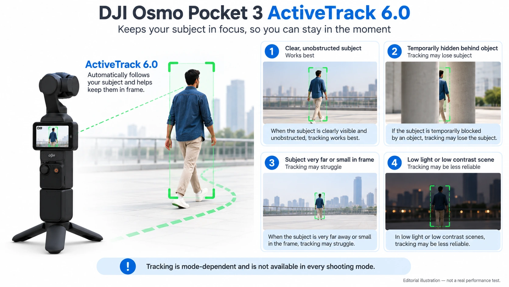 Editorial illustration showing ActiveTrack 6.0 following a clear subject and possible tracking problems with obstruction, distance or low light.
