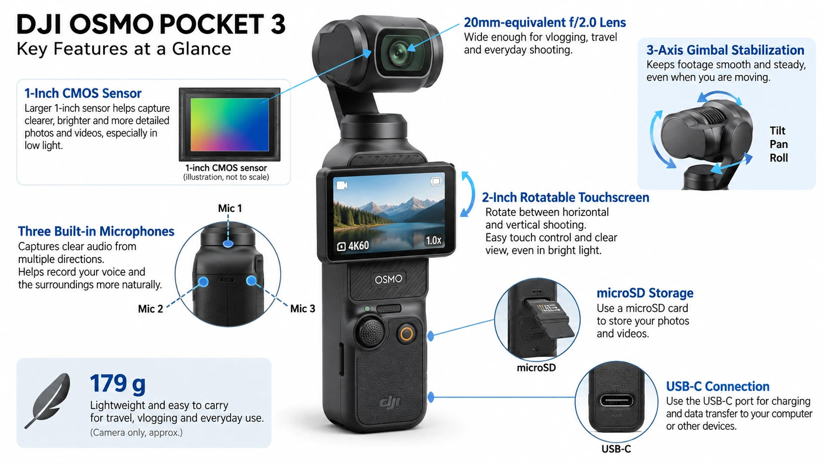 DJI Osmo Pocket 3 feature diagram showing the 1-inch sensor concept, 20mm f/2 lens, rotating touchscreen, three-axis gimbal, microphones, microSD and USB-C.