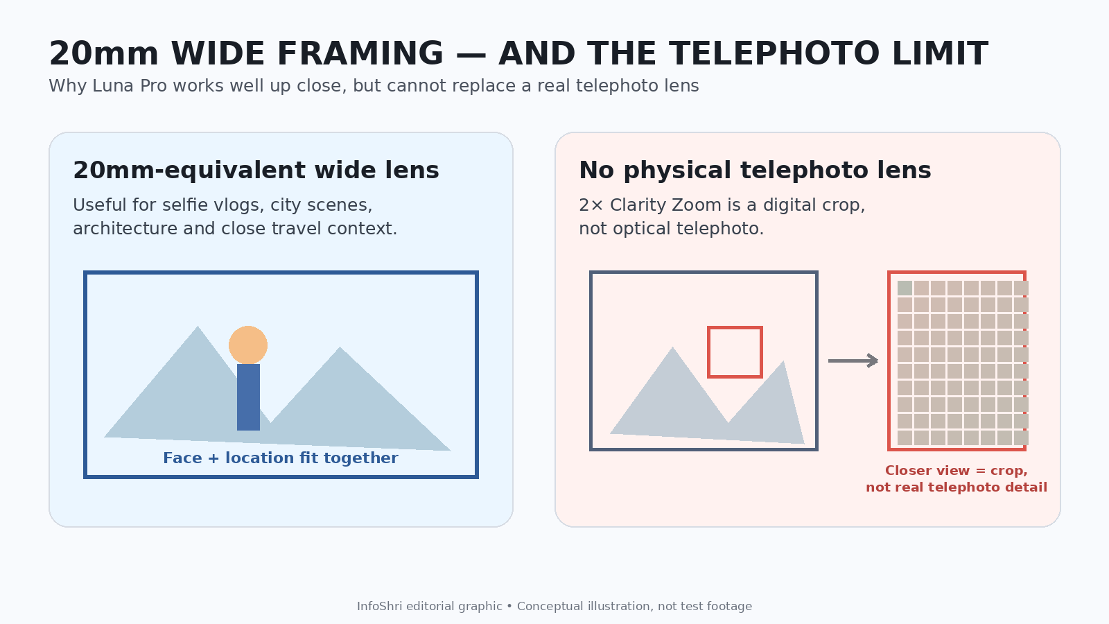 Diagram explaining Luna Pro 20mm wide framing and why 2x Clarity Zoom is a digital crop rather than a real telephoto lens.
