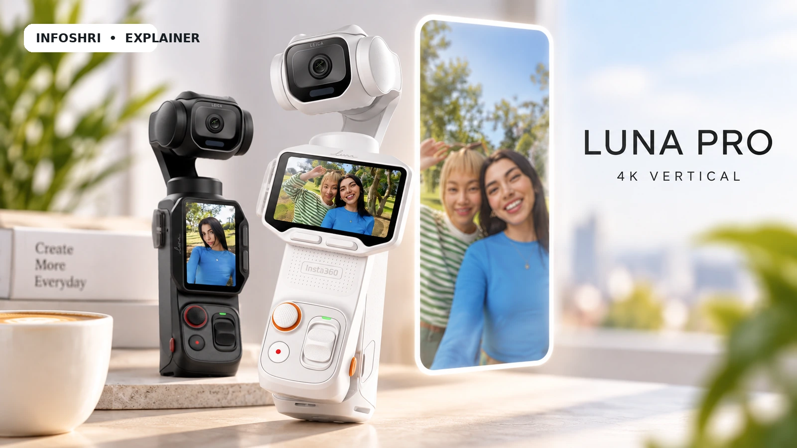 Insta360 Luna Pro white and black pocket gimbal cameras beside a vertical 9:16 creator frame, illustrating 4K vertical video.