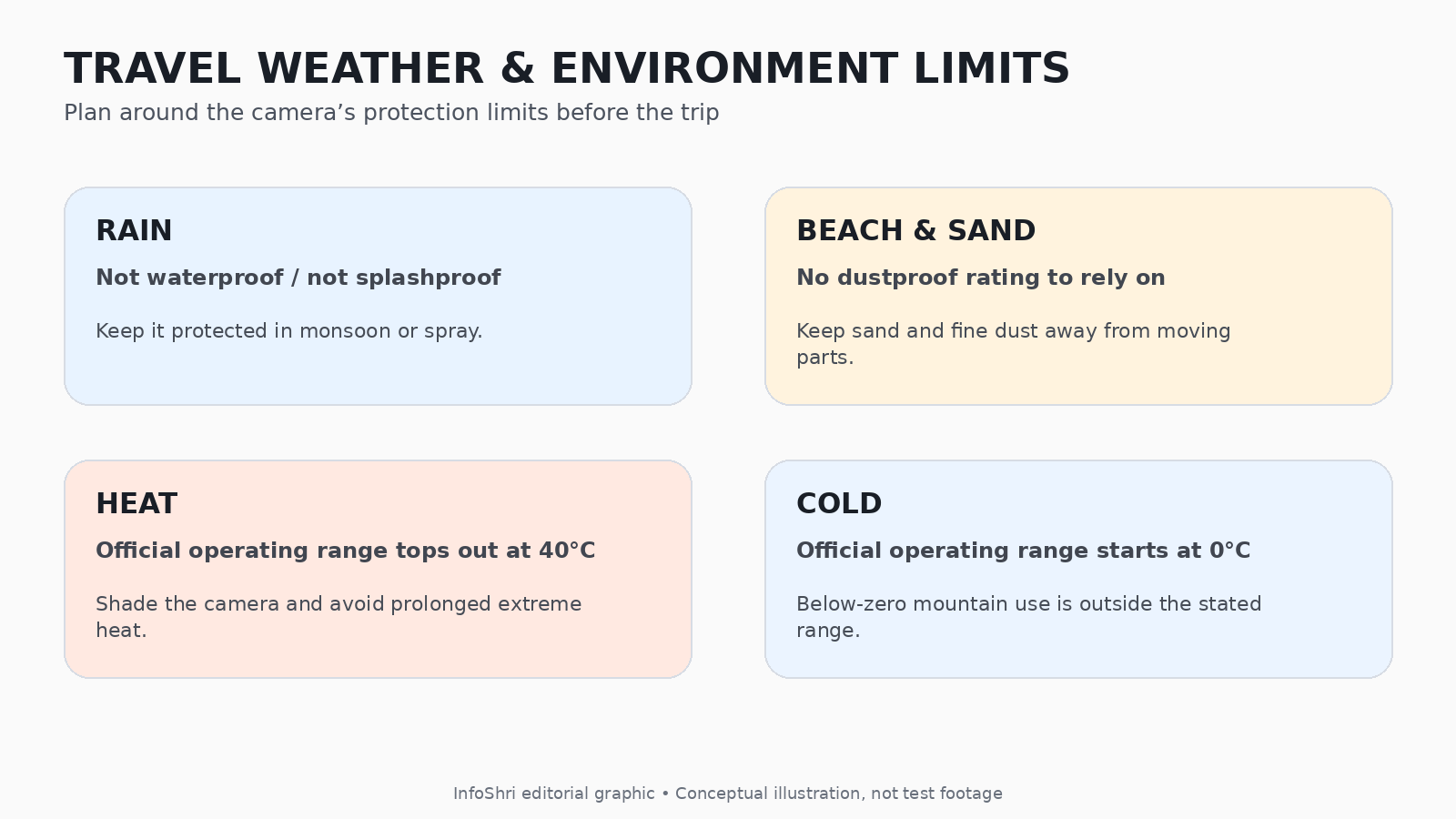 Four-panel travel-safety graphic covering rain, beach and sand, heat and cold limitations for Insta360 Luna Pro.