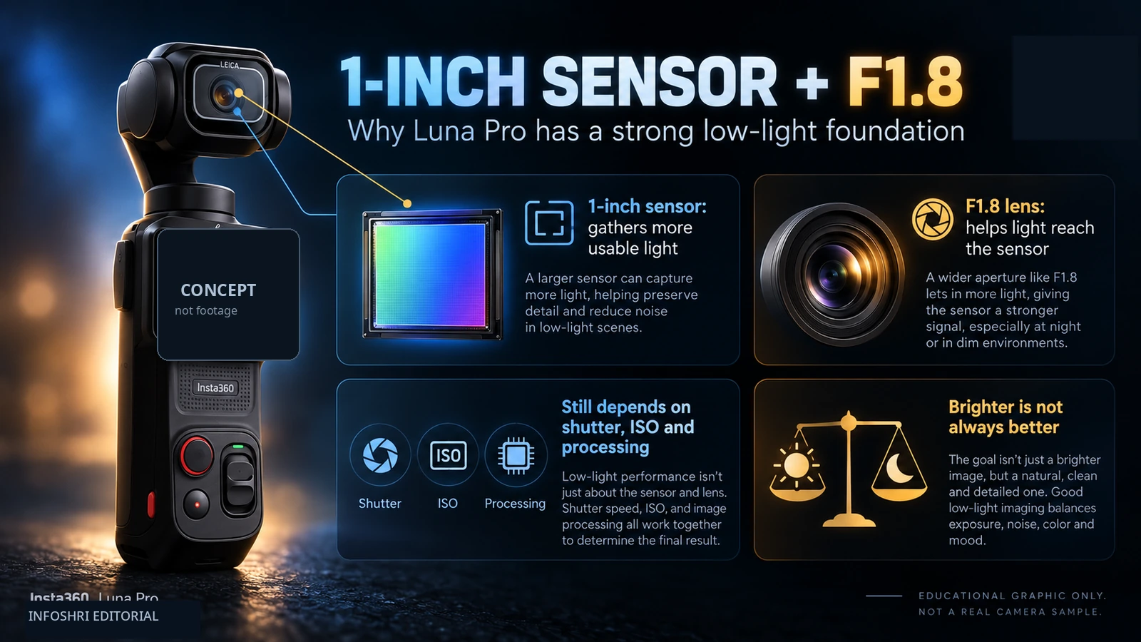 Diagram explaining how a 1-inch sensor and F1.8 lens help Luna Pro in low light