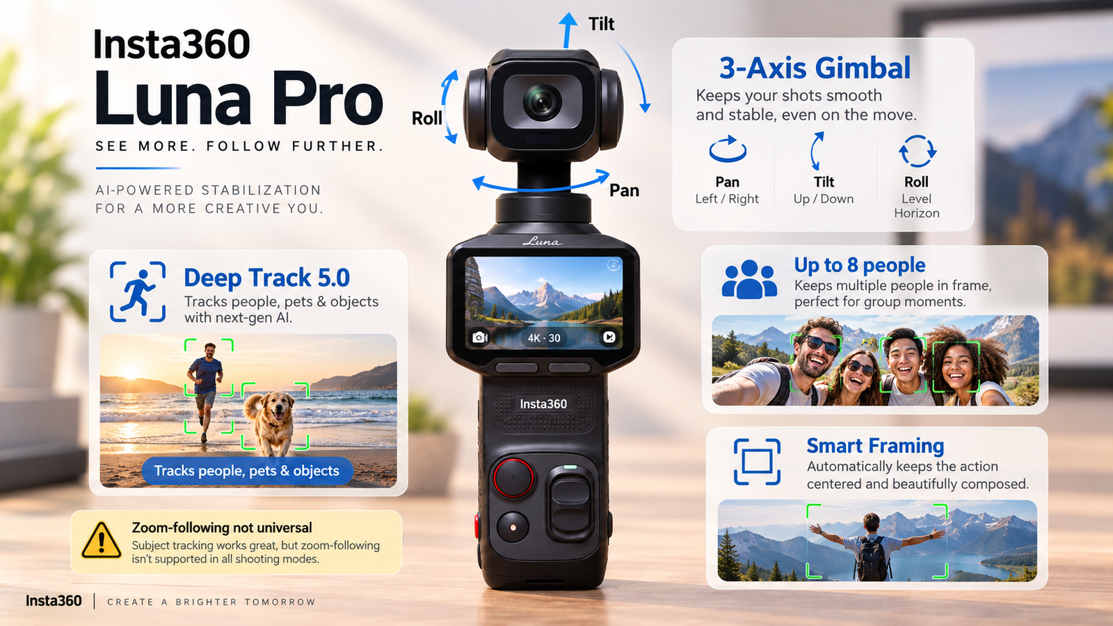 Feature graphic showing the Luna Pro 3-axis gimbal and Deep Track 5.0 subject tracking.