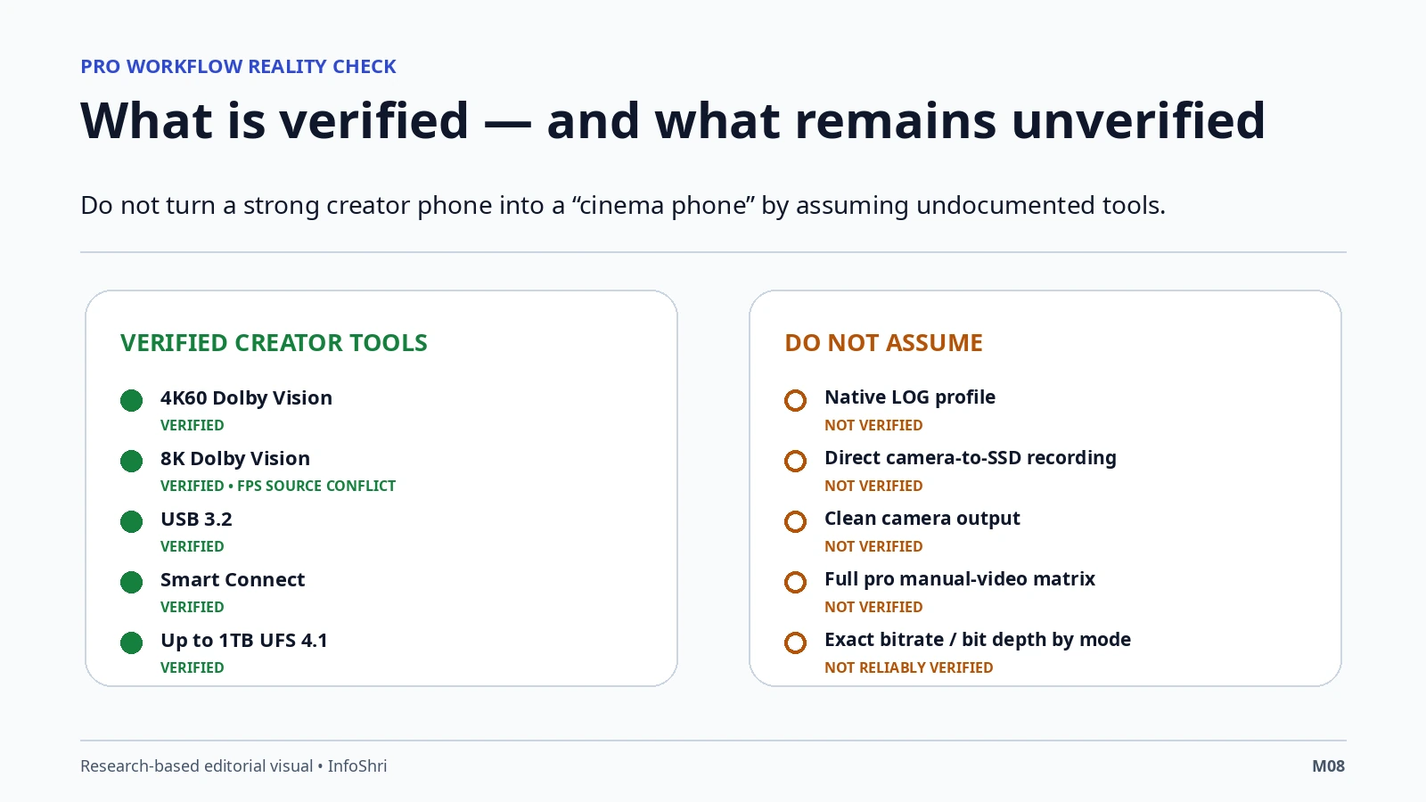 Verified versus unverified Motorola Signature pro-video workflow features, including 4K60 Dolby Vision, an 8K frame-rate source conflict, USB 3.2, Smart Connect and unverified LOG or direct SSD recording.
