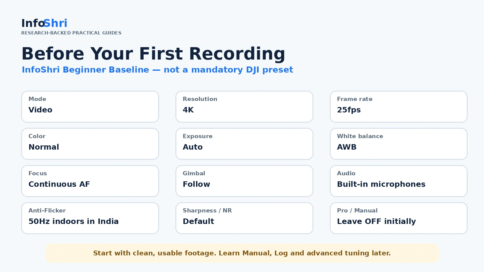 InfoShri beginner baseline for a first Pocket 3 recording: 4K 25fps, Normal color, Auto exposure, AWB, Continuous AF and Follow mode.