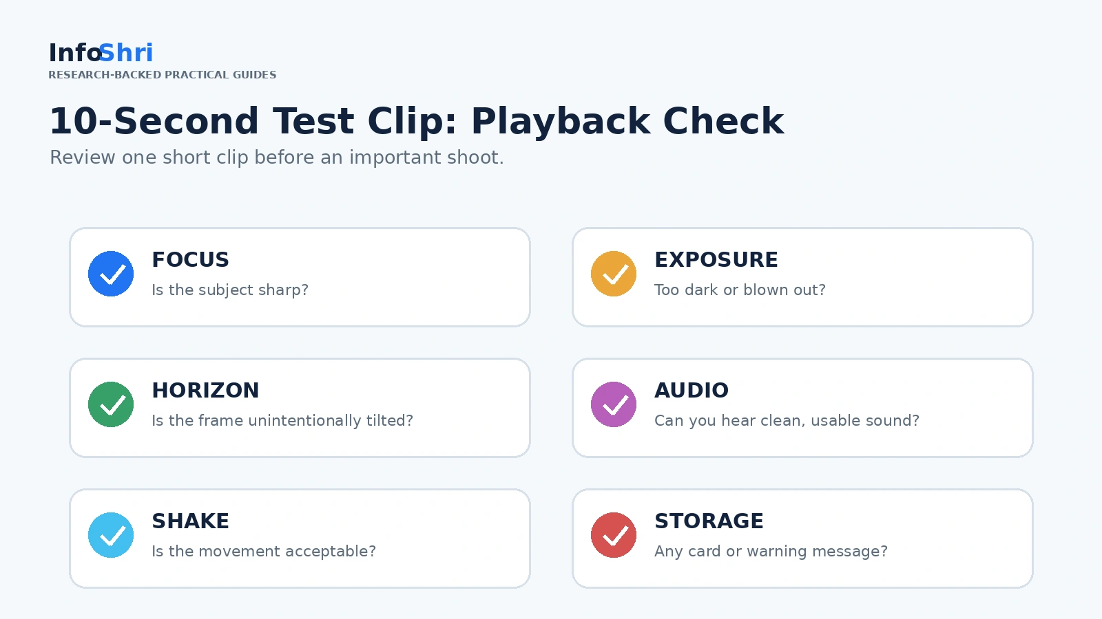 Six checks for the first Pocket 3 test clip: focus, exposure, horizon, audio, shake and storage warnings.